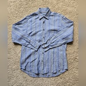 Robert Talbott Linen Shirt Mens M blue Stripe Button Front